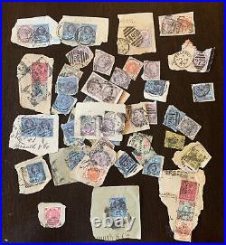 1800's NICE COLLECTION OF GREAT BRITAIN STAMPS MOSTLY ON PAPER, SOME OFF PAPER