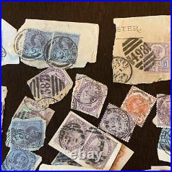 1800's NICE COLLECTION OF GREAT BRITAIN STAMPS MOSTLY ON PAPER, SOME OFF PAPER