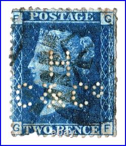 1800s TWO PENCE BLUE PERFINS H/C&Co GREAT BRITAIN STAMP 2 PENNY HINGED USED #44