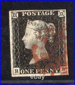 1840 Great Britain GB 1 Penny Black Plate 4 Lettered R/B P14, Used Maltese Cross