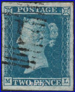 1841 SG14 2d BLUE PLATE 4 VERY FINE USED 4 LARGE MARGINS VARIETY THIN PAPER (ML)