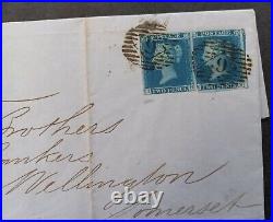 1847 Great Britain Entire ties 2 Blue Penny Stamps to Wellington, Somerset