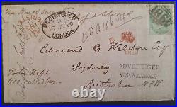 1859 Great Britain/Ireland Registered Cover Dublin-Sydney 1/- QV stamp UNCLAIMED