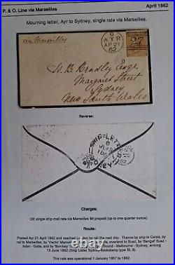 1862 Great Britain Mourning Cover ties 9d QV stamp Ayr to Sydney SHIP LETTER