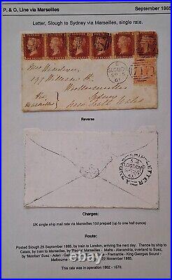 1865 Great Britain Cover ties 7 QV stamps canc Slough to Australia SHIP LETTER