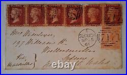 1865 Great Britain Cover ties 7 QV stamps canc Slough to Australia SHIP LETTER