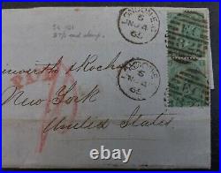 1865 Great Britain Entire ties 2 Stamps cd London to New York