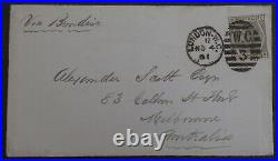 1881 Great Britain Entire ties 6p Stamp cd London-Melbourne Via Brindisi