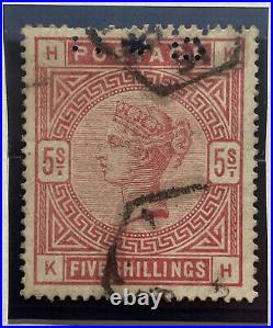 1884 Great Britain 5Sh Victoria Stamp SG #180 Sc #108 Used withperfins