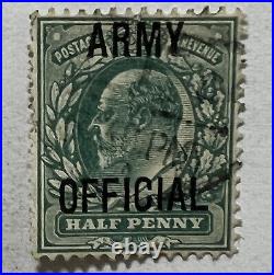 EARLY BRITAIN UK KEVII 1/2d STAMP ARMY OFFICIAL OVPT INTERESTING SIGNED ON BACK