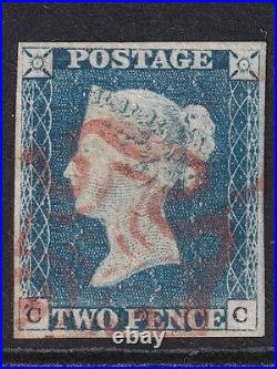 GB 1840 SG6, 2d pale blue 4 margins red mx very fine used -Cat £1000