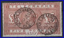 GB 1877 Telegraphs £5 orange sgT18 very fine used two crisp Stock Exchange 188