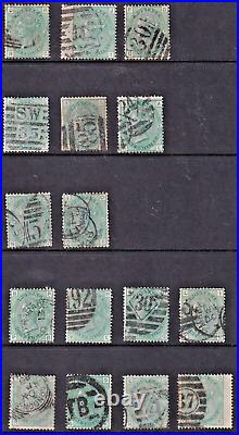 GB QV 1/- Green issues USED x48 INCLUDING ALL PRINTINGS (CV £12,000+)