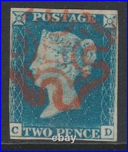 GB QV 1840 2d blue imperf plate 1 pl1 CD with red MX