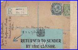 GB248 Great Britain 1917 small censored registered cover bearing ½d & 4d KGV