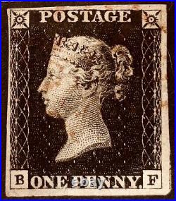 GREAT BRITAIN 1840 Penny Black Stamp BF 4 Margins, Red Maltese Cross