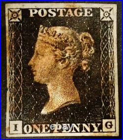 GREAT BRITAIN 1840 Penny Black Stamp IG 4 Margins, Red Maltese Cross