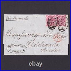 GREAT BRITAIN 1868, Letter London to Udewalla Sweden via Denmark, pair 3d, QV