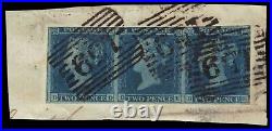 GREAT BRITAIN 4 (SG14) Queen Victoria 1841 Blue strip of 3 (pf30085) $260