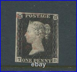 Great Britain 1840 1d Intense Black Imperf Letters T D. Very Fine Used