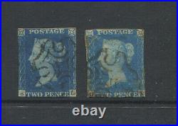 Great Britain 1840 2d Blue Queen Victoria Imperf X 2. Used