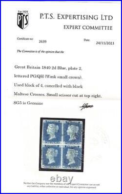 Great Britain #2 (SG #5) Very Fine Used Rare block Plate 2 Lettered PG / QH