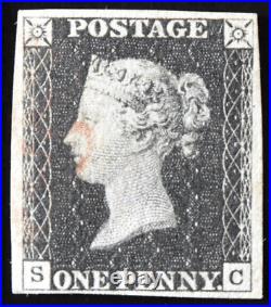 Great Britain SC# 1 Black Penny Queen Victoria 4 Large Margins Light Red Cancel