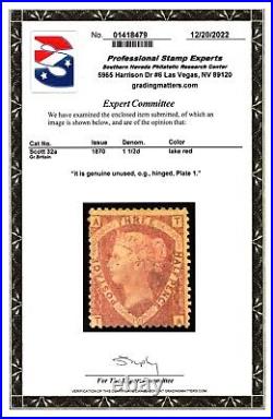 Great Britain Scott #32a SG52 1 1/2d QV Stamp. MOGH. Plate 1. PSE Cert. CV$600