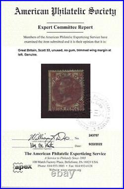 Great Britain Scott #53, 10d Q. V. Stamp P1 Used MNG. APS Certified. CV $350