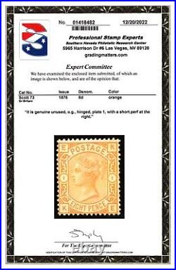 Great Britain Scott #73 SG156 8d QV Stamp. Mint OGH. Plate 1. PSE Cert. CV $1750