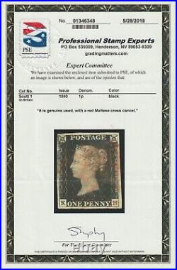 Great Britain Stamp #1, Penny Black with PSE Certificate, Used, 4 Great Margins