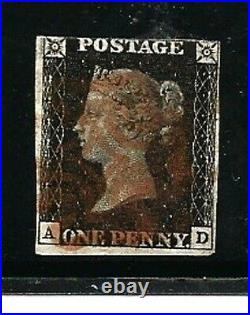 Great Britain Stamps- Scott # 1/A1-1p-Canc/LH-1840- AD- 3 Margins-IMP-Dk. Black