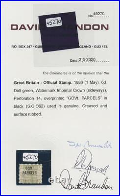 Momen Great Britain Sg #o62 1886 Govt. Parcels Used Cert £1,400 Lot #63271