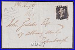 PENNY BLACK JF ON 1841 COVER (NOT TIED) with Horizontal black line through J