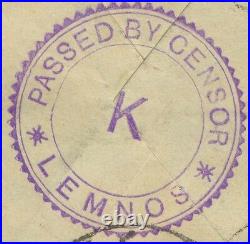 RARE censor cover Lemnos Castle Greece 1918 WW1 stamps on back to Australia