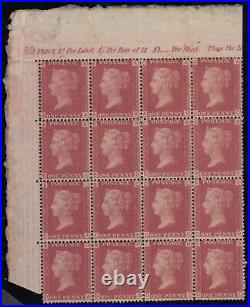 SG 43 Great Britain 1864-79. One penny red plate 89. Top left side block of 16