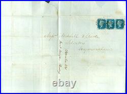 SG 5 1840 2d blue lettered PE-PG strip of 3 on entire from Bungay to
