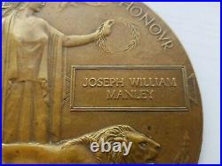 WW1 DEATH PLAQUE, JOSEPH WILLIAM MANLEY, 10th Bn ROYAL WELSH FUSILIERS, FROM MOLD